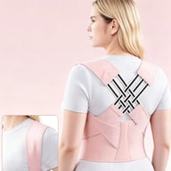 Woman wearing pink XXXL posture corrector strap, back view, improved posture