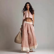 Woman wearing pink sleeveless crop top and wide-leg pants casual chic set