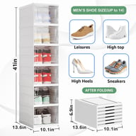 Six-layer foldable shoe storage organizer showing stacked and folded configurations with dimensions