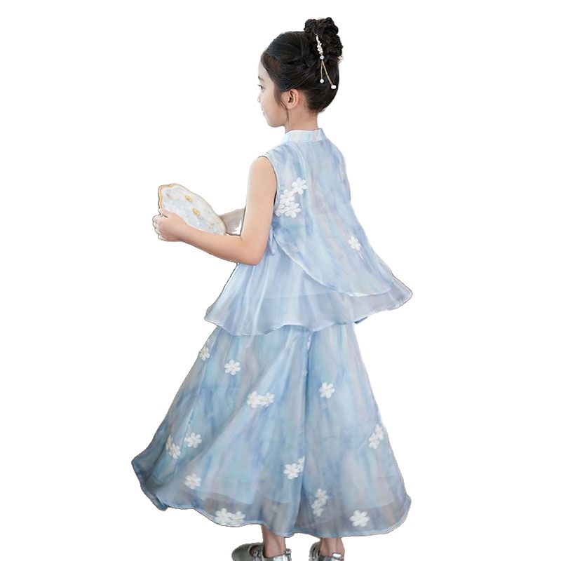 Girls' Blue Floral Two-Piece Vest Top Set | Chinese-Inspired