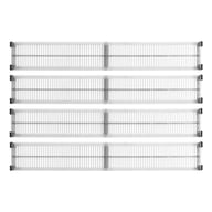 Eight white adjustable drawer dividers stacked neatly showing expandable design