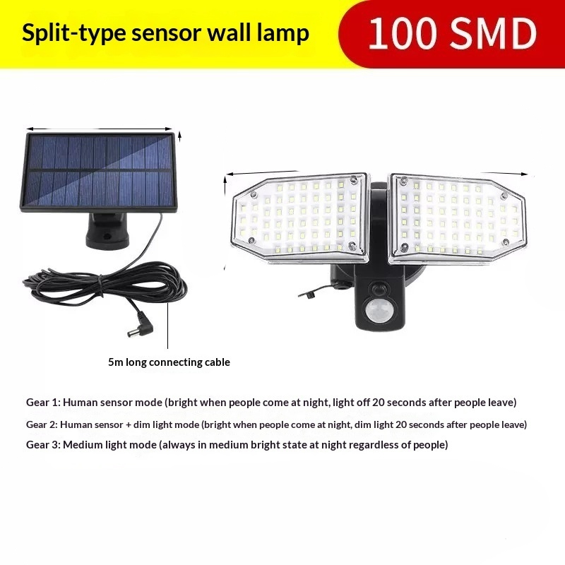 Solar Dual-Head Motion Sensor Lamp | 100 SMD LEDs, 5M Cable