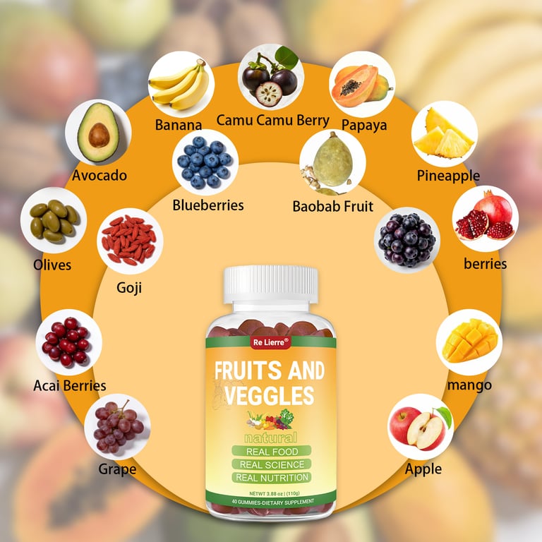 Ketogenic fruit and vegetable gummies surrounded by fresh produce ingredients