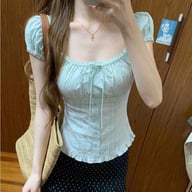 Ice-Blue Square-Neck Bubble-Sleeve T-Shirt | Cottagecore Style Top — view 3