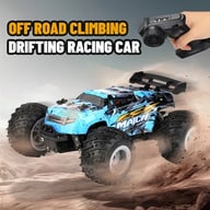 Remote control toy car with large tires and racing graphics