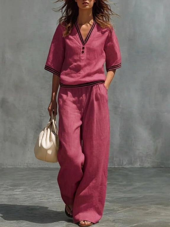 Close-up detail of cotton-linen fabric texture and reinforced seaming on casual set