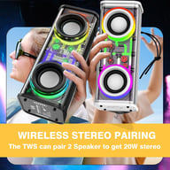 Two portable Bluetooth speakers with LED lights held by people outdoors