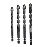 Four hex tile drill bits of varying sizes aligned vertically with black oxide coating