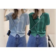 Womens Round-neck Blue Ice-silk Knitted T-shirt Top — view 18