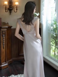 Slim-Fit French-Style Ice-Silk Long Nightgown | Lace Trim — view 6