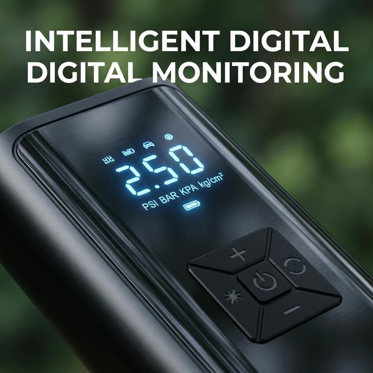Close-up of digital display and controls on tire inflator