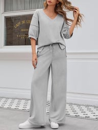 Women's 2 Piece Wide Leg Tracksuit Set | V Neck Casual Workout — view 12