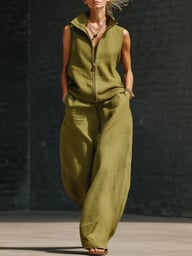 Sleeveless Stand Collar Linen Cotton Two-Piece Set | Relaxed Fit — view 7