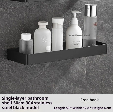 Silver stainless steel bathroom shelf filled with various toiletries and accessories