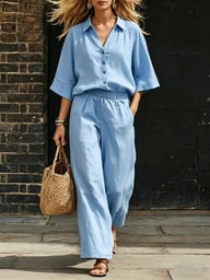 Woman in blue linen two-piece set demonstrating relaxed fit and breathable fabric comfort
