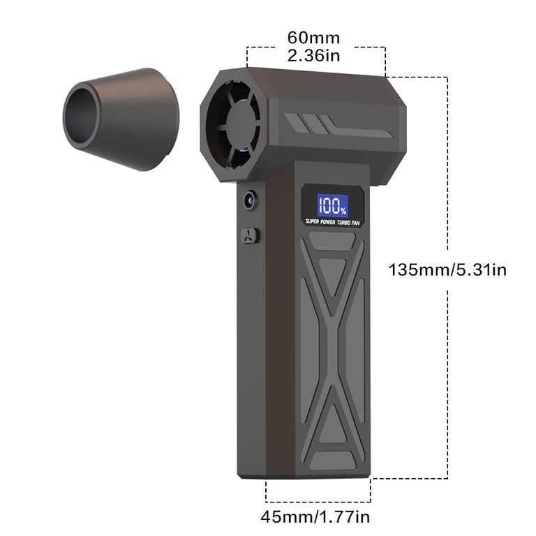Violent turbo fan dimensions and nozzle attachment diagram