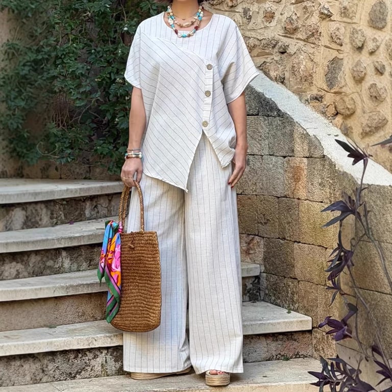 Close-up of striped linen-blend fabric texture on two-piece set