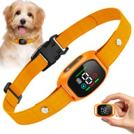 Black smart anti-bark module held by hand, small dog below