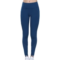Blue high-waisted yoga pants with side pockets and perforated ventilation accents