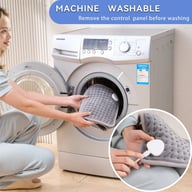 Woman loading heating pad into washing machine for easy cleaning