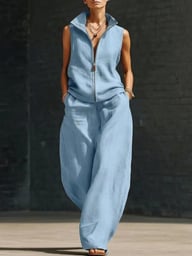 Sleeveless Stand Collar Linen Cotton Two-Piece Set | Relaxed Fit — view 4