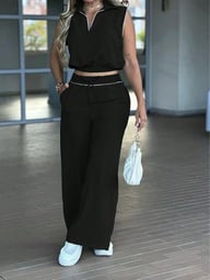 Sleeveless Lapel Top with Pockets & Faux Drawstring Pants Set | Home & Kitchen — view 4