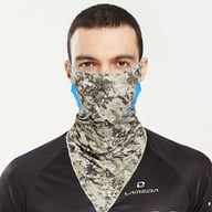 Man wearing camouflage neck gaiter showing breathable ice silk and airflow design