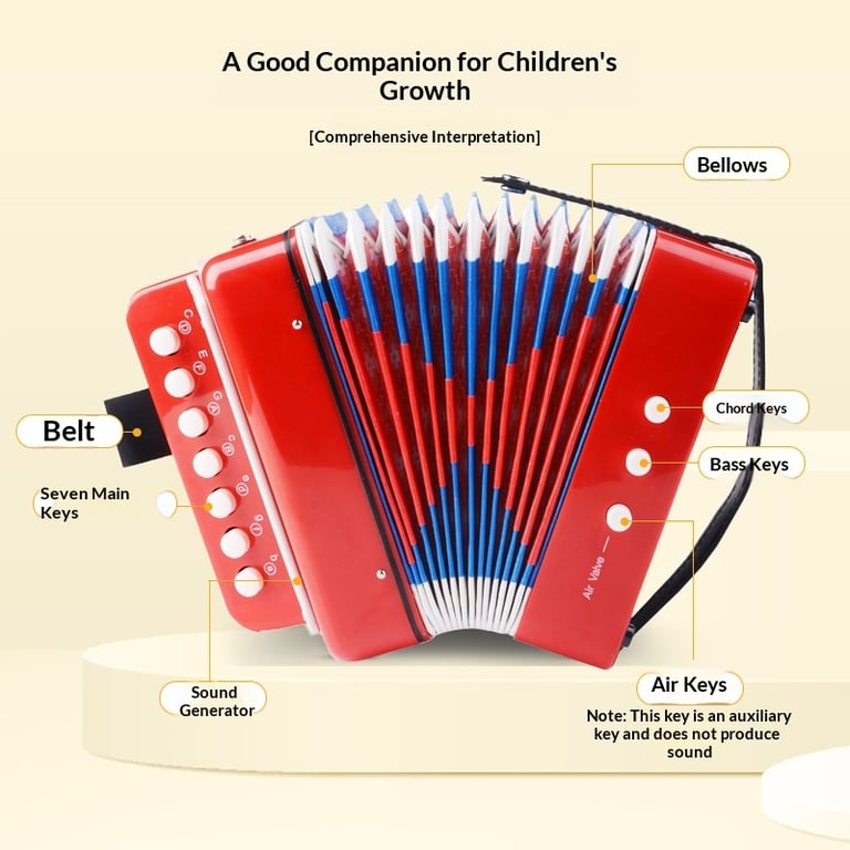Child wearing shoulder belt while playing accordion at music lesson