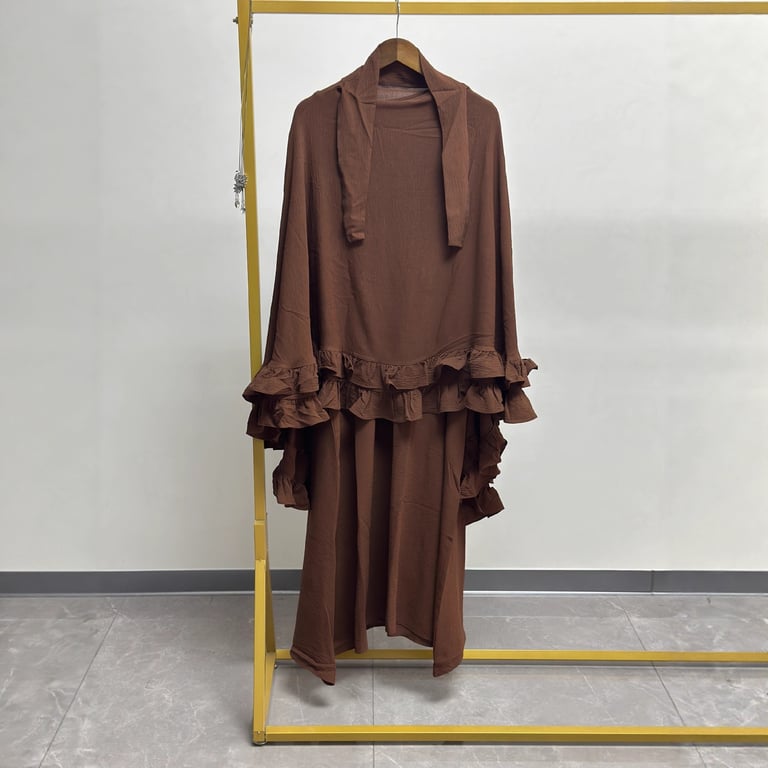 Brown women's modest robe set with attached hijab, quality fabric detail
