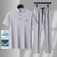 Light gray men's ice silk polo shirt and pants set, casual sport two-piece