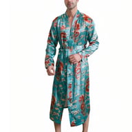 Man models teal ice-silk dragon print long-sleeve loungewear nightgown front view
