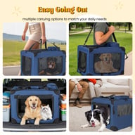 Foldable dog crate setup with included fleece mat and storage pocket
