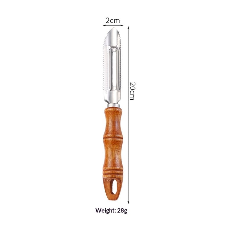 Close-up of premium stainless steel blade and wood handle