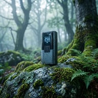 Rugged portable tire air compressor on mossy rock in misty forest
