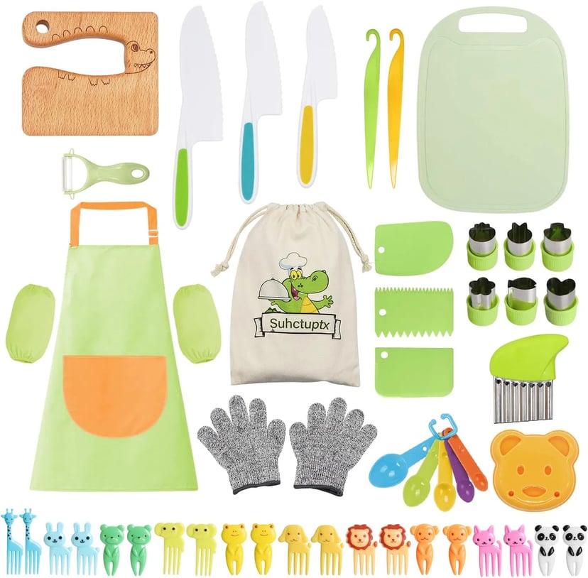 50PCS Kids Kitchen Cooking Set with Peeler, Wooden Knives & Safety Gloves