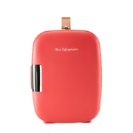 Coral-colored 5L mini fridge for skincare and beverages, compact cooler