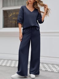 Women's 2 Piece Wide Leg Tracksuit Set | V Neck Casual Workout — view 13