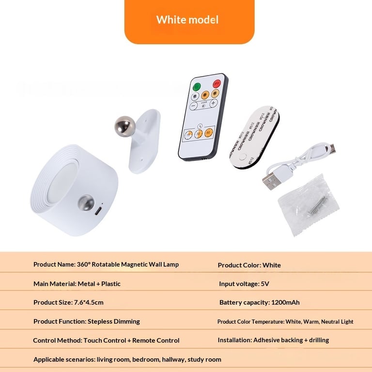 White magnetic wall lamp with three color temperatures and USB charging cable
