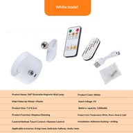 White magnetic wall lamp with remote control, USB charging cable, and mounting hardware