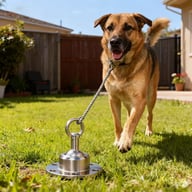 Stainless steel dog tethering stake with wire rope leash and swivel connector