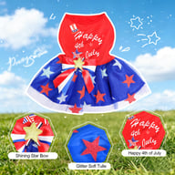 Small dog wearing 4th of July dress with layered tulle skirt