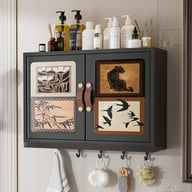 Wall-mounted bathroom cabinet with decorative doors and hanging hooks