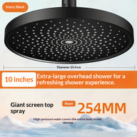 Starry Black stainless steel pressurized shower head with 10-inch diameter and feature specifications