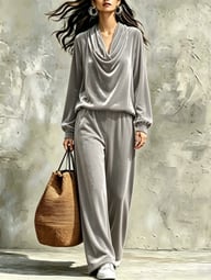 Womens Fallwinter New Drop-shoulder Top And Straight-leg Pants Set — view 3