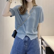 Womens Round-neck Blue Ice-silk Knitted T-shirt Top — view 4