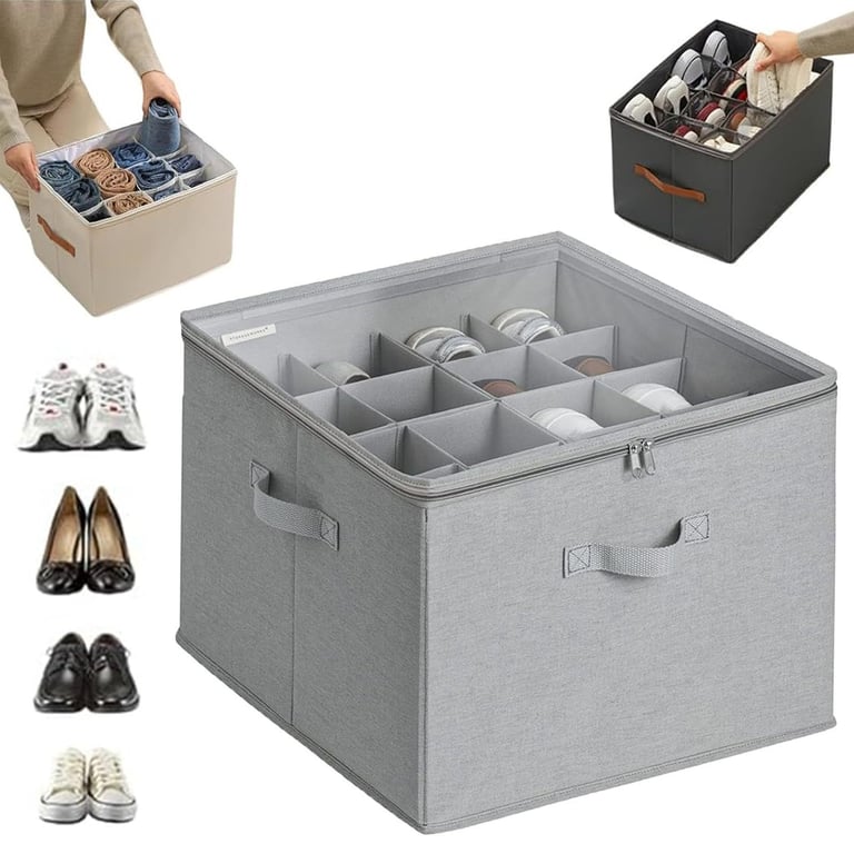 Multiple shoe storage box colors displaying various shoe types protected inside