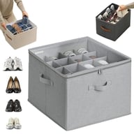 Multiple foldable shoe storage box colors showing various shoe types and examples