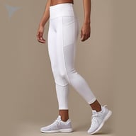 Woman wearing white seamless tummy control yoga pants with perforated detailing