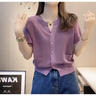 Womens Round-neck Blue Ice-silk Knitted T-shirt Top — view 16