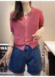 Womens Round-neck Blue Ice-silk Knitted T-shirt Top — view 10
